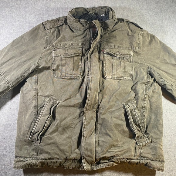 Levi's Mens XL Sherpa Lined Military Style Jacket Olive Green Full Zip Coat - Picture 1 of 9